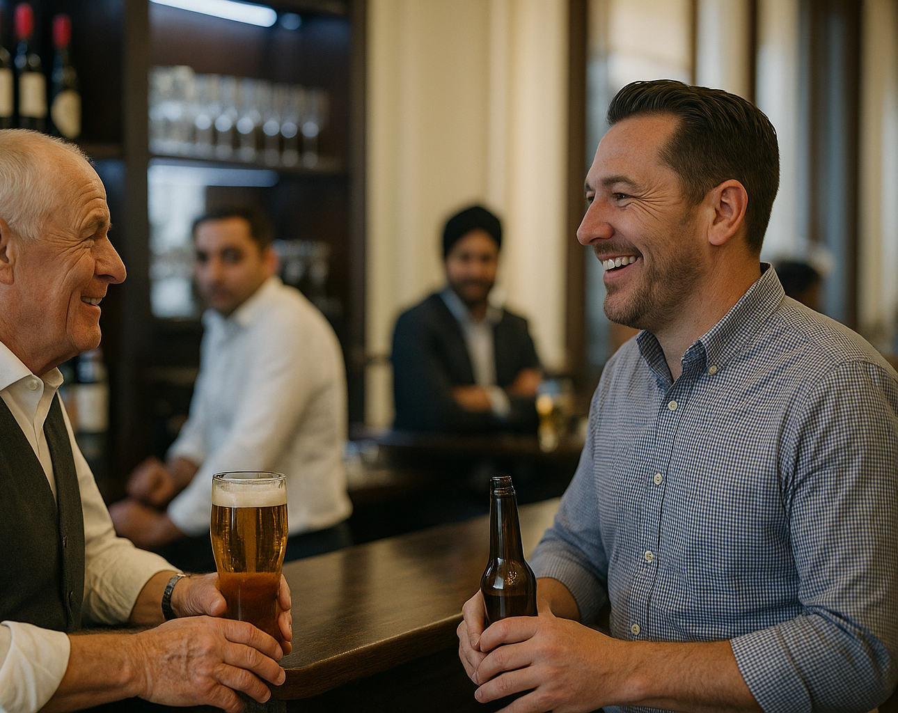 Two corby Freemasons casually drinking at a bar